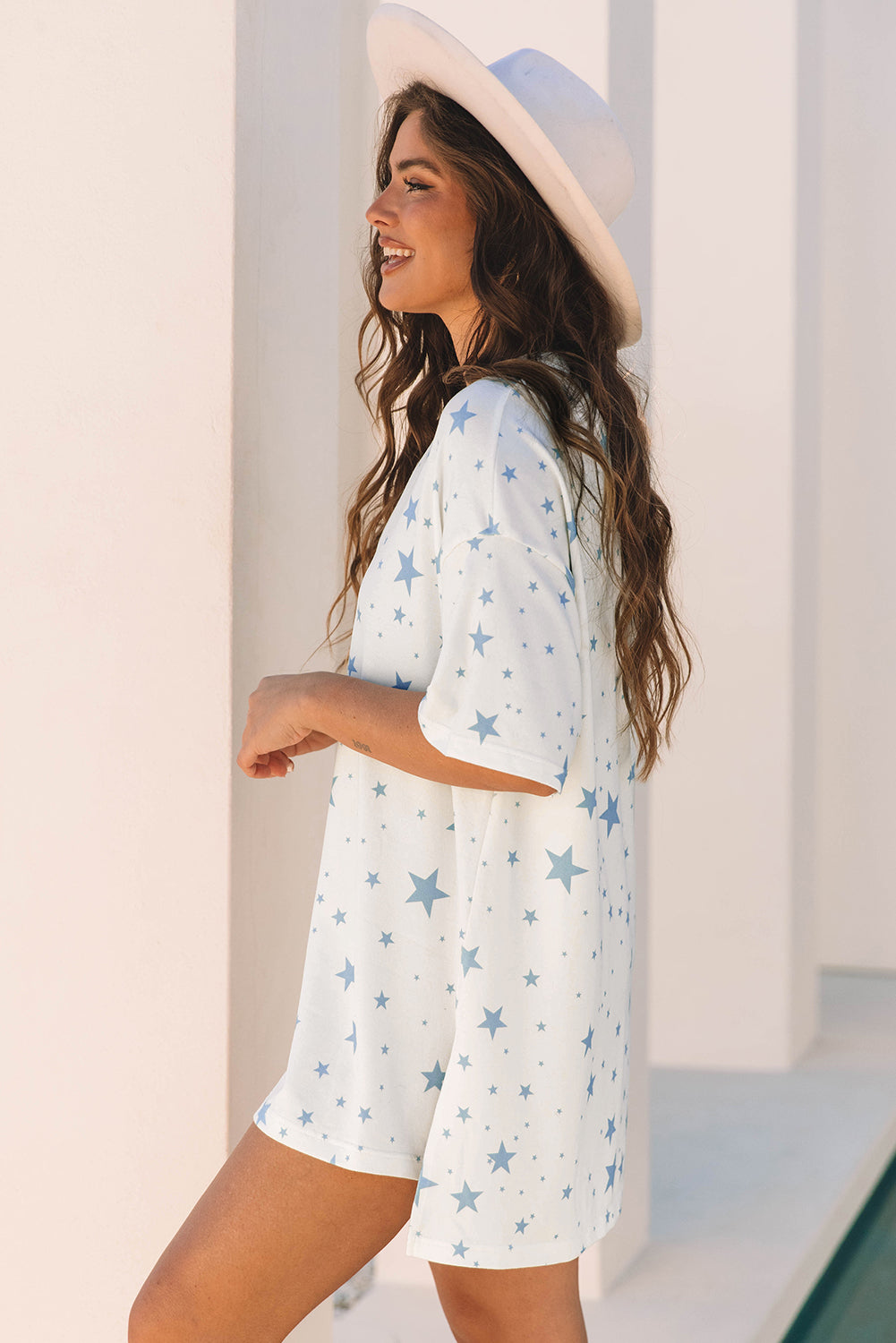 Sky Blue Stars Print Drop Shoulder Oversized T Shirt with Slits