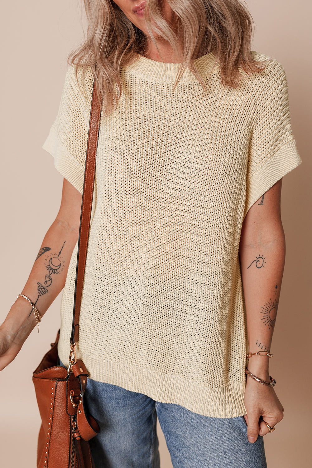 Oatmeal Solid Color Batwing Short Sleeve Round Neck Knit T Shirt