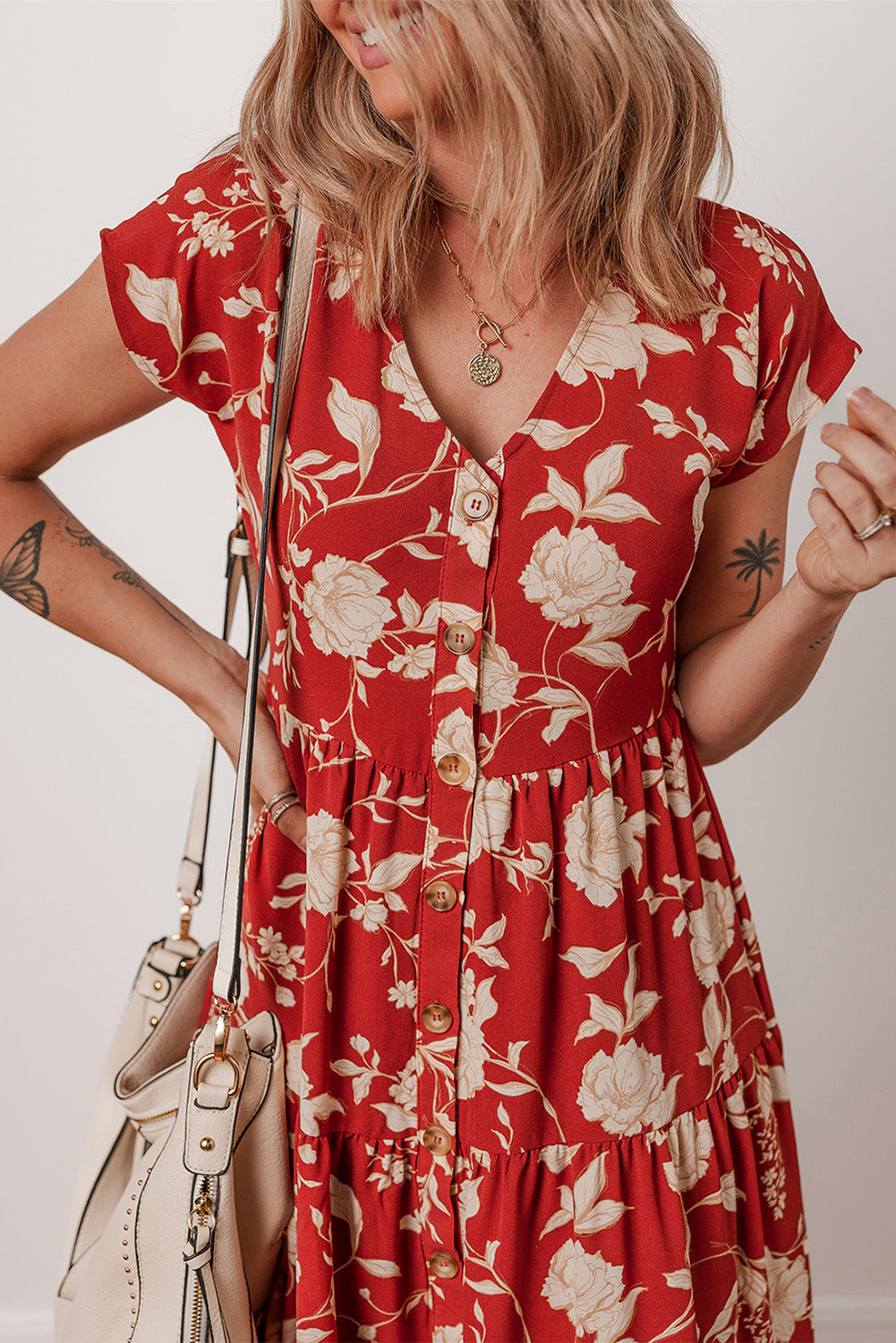 Red Floral Print Buttoned Front V Neck Tiered Short Sleeve Midi Dress