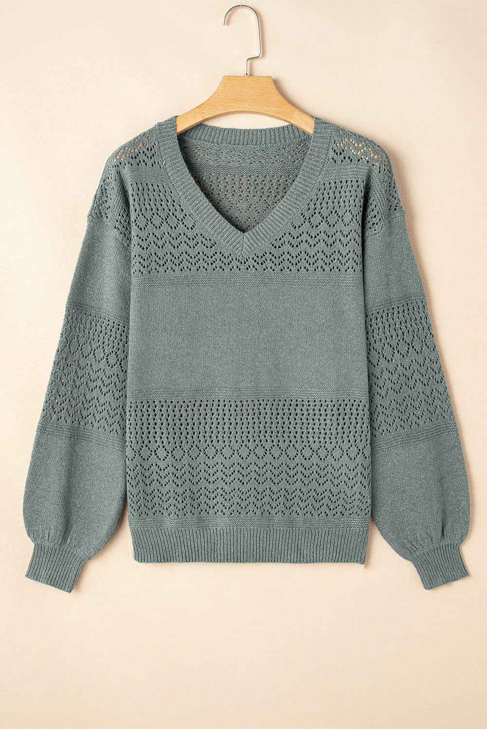 Mist Green Eyelet Pattern Detail V Neck Drop Shoulder Sweater