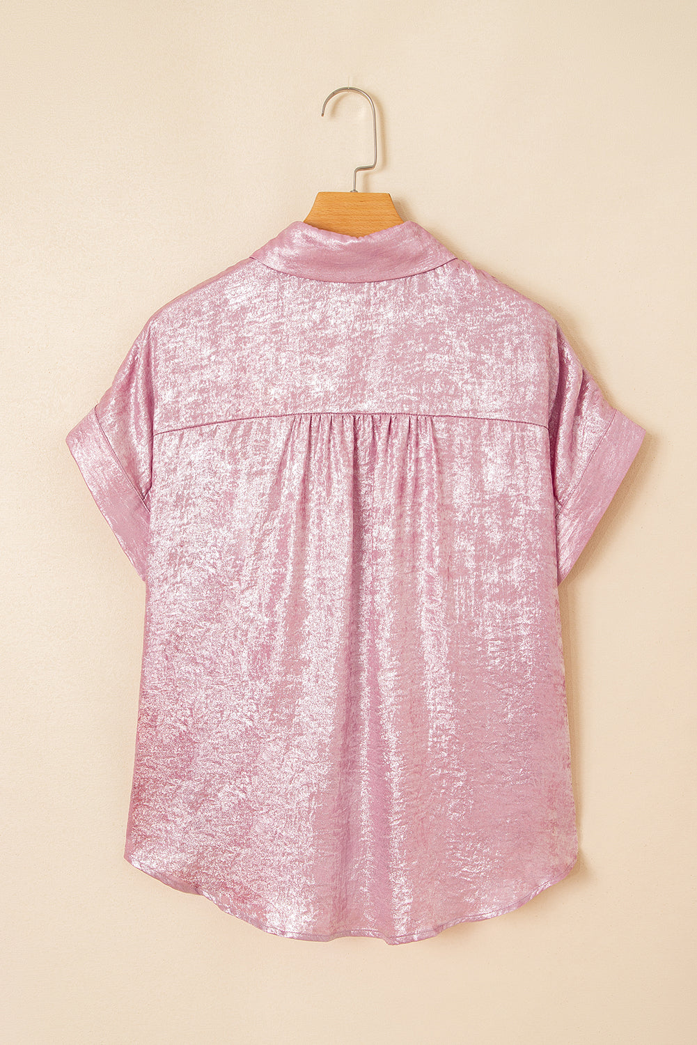 Pink Metallic Sheen Short Sleeve Buttoned Front Casual Shirt