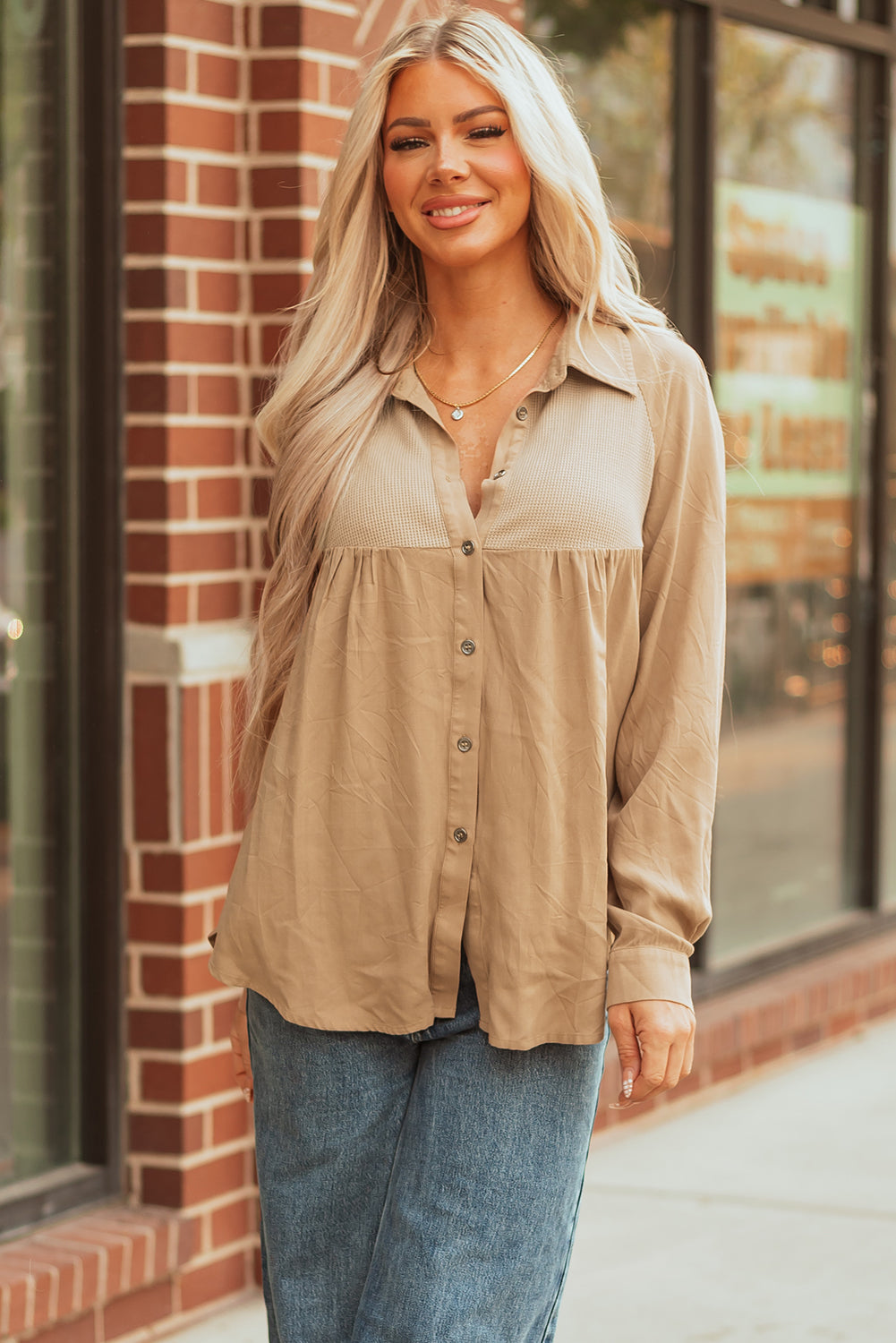 Light French Beige Waffle Patchwork Button Up Frayed Hem Shirt