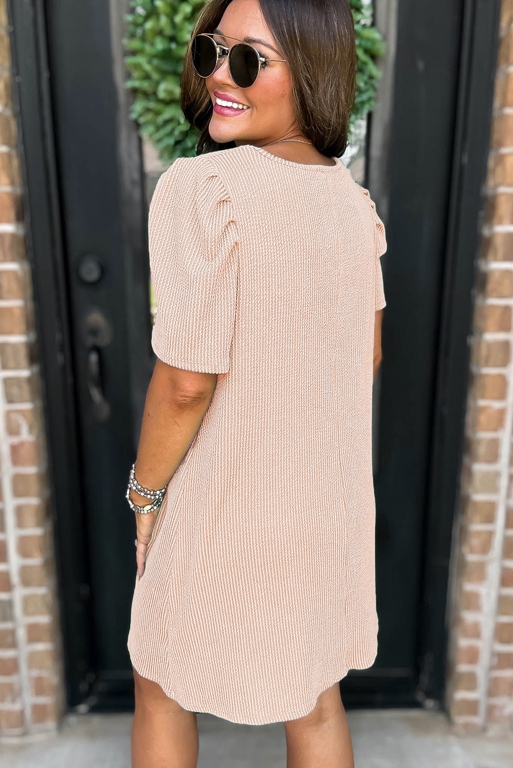 Parchment Corded Knit Crew Neck Puff Sleeve Shift Mini Dress