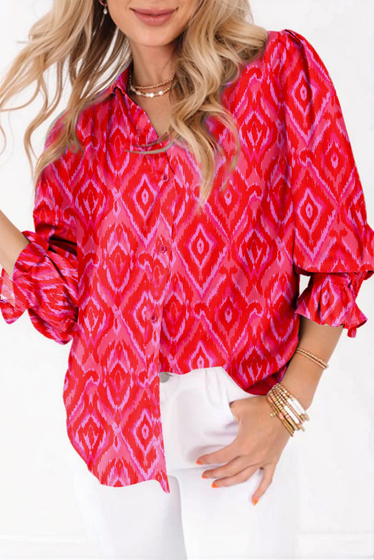 Strawberry Pink Western Aztec Geometric Ruffled 3/4 Sleeve Shirt