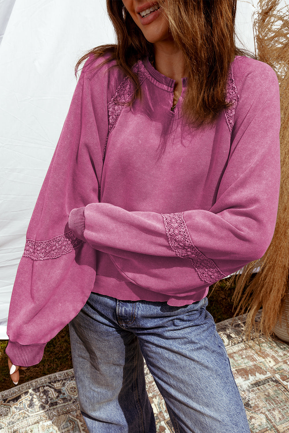 Rose Red Lace Patchwork Detail Notched Neck Mineral Wash Baggy Sweatshirt