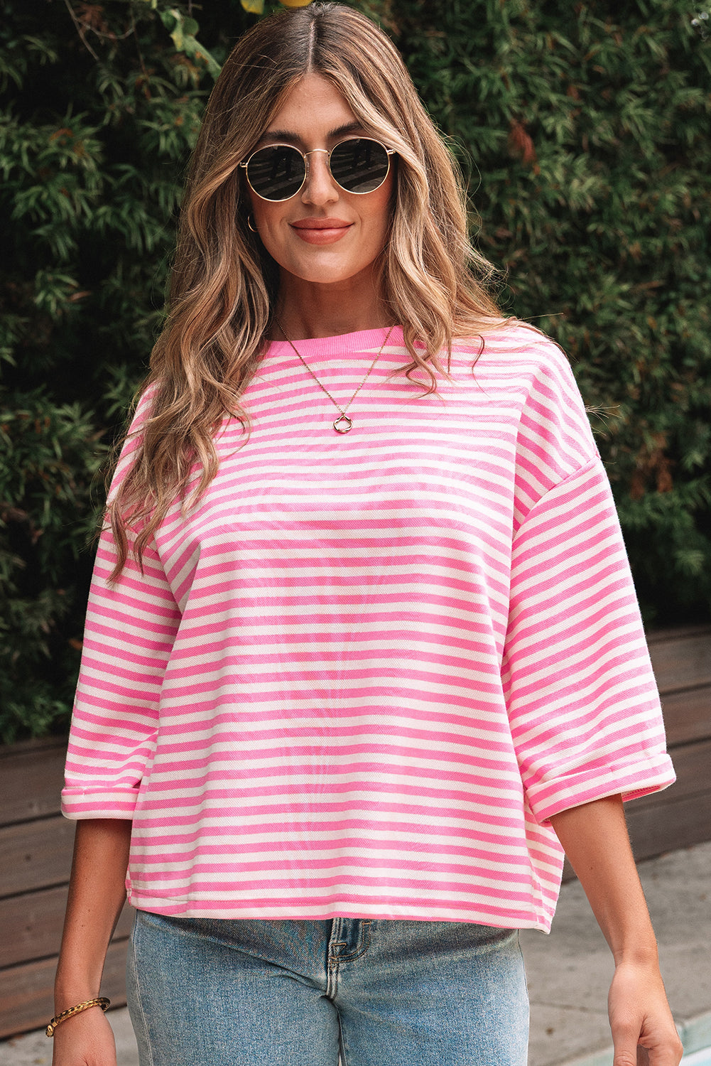 Pink Stripe Bowknot Cutout Back Drop Shoulder Wide Bracelet Sleeve Loose Tee