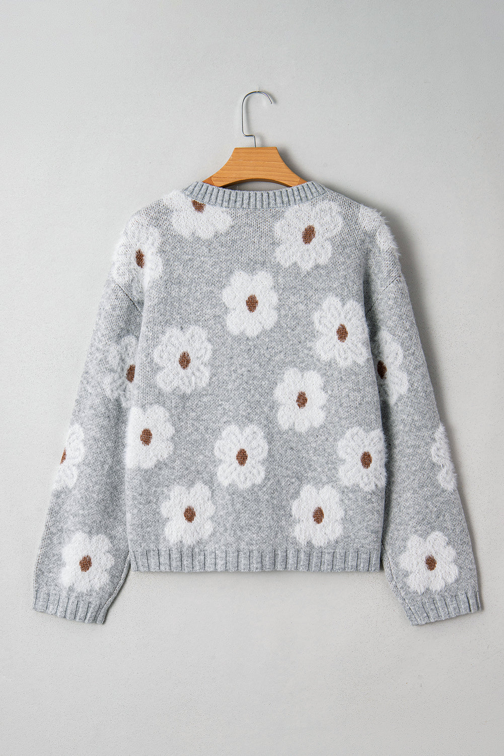 Gray Cute Flower Print V Neck Drop Shoulder Baggy Sweater