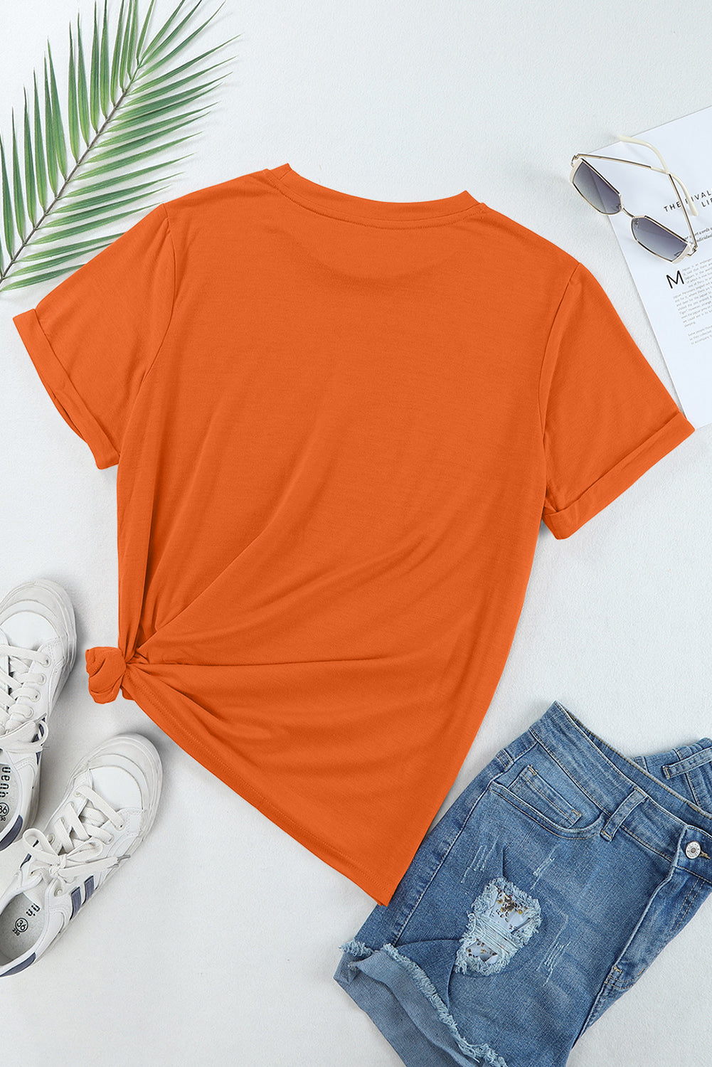 Orange Casual Plain Crew Neck Tee