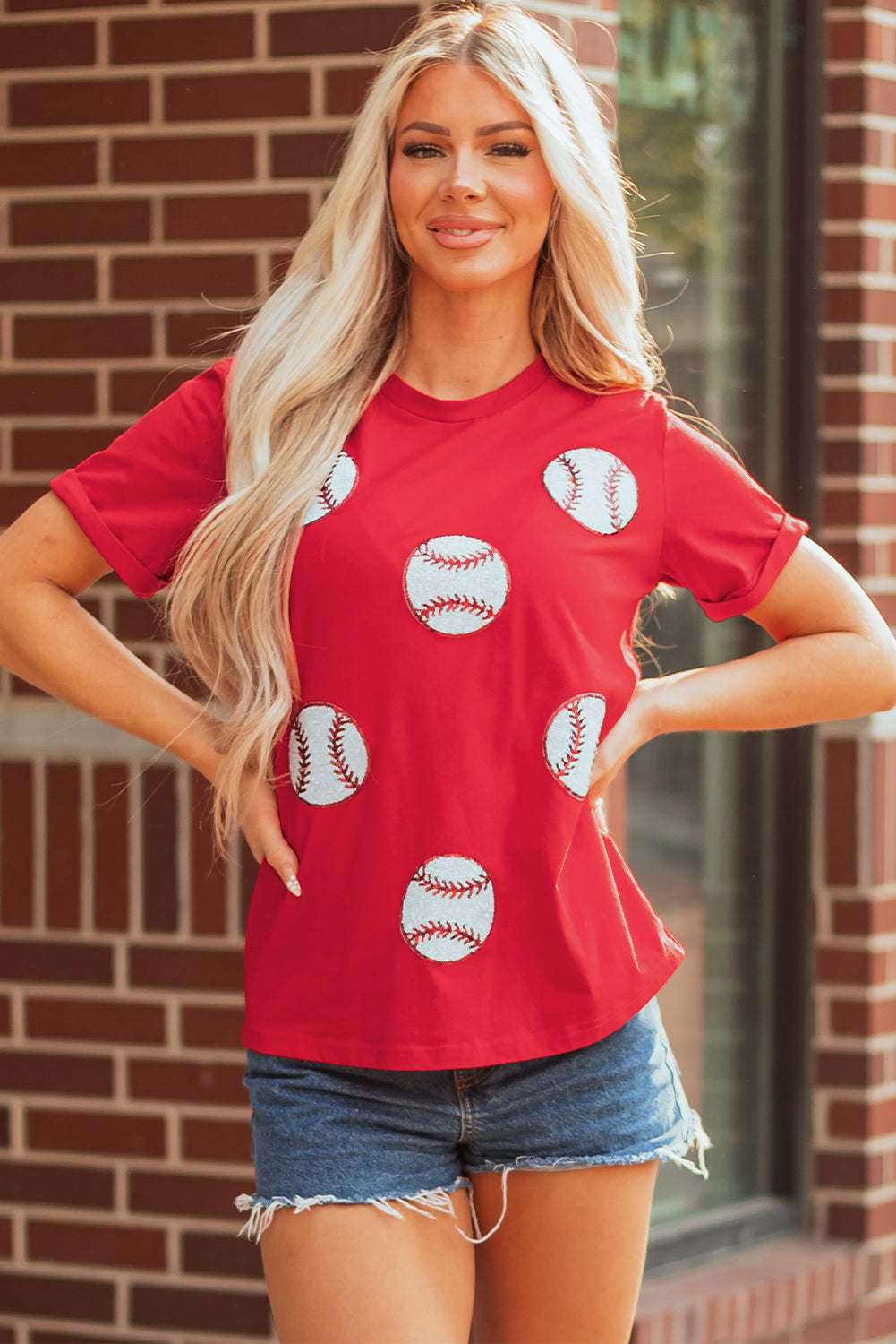 Red Glittering Rugby Pattern Crew Neck Game Day T Shirt