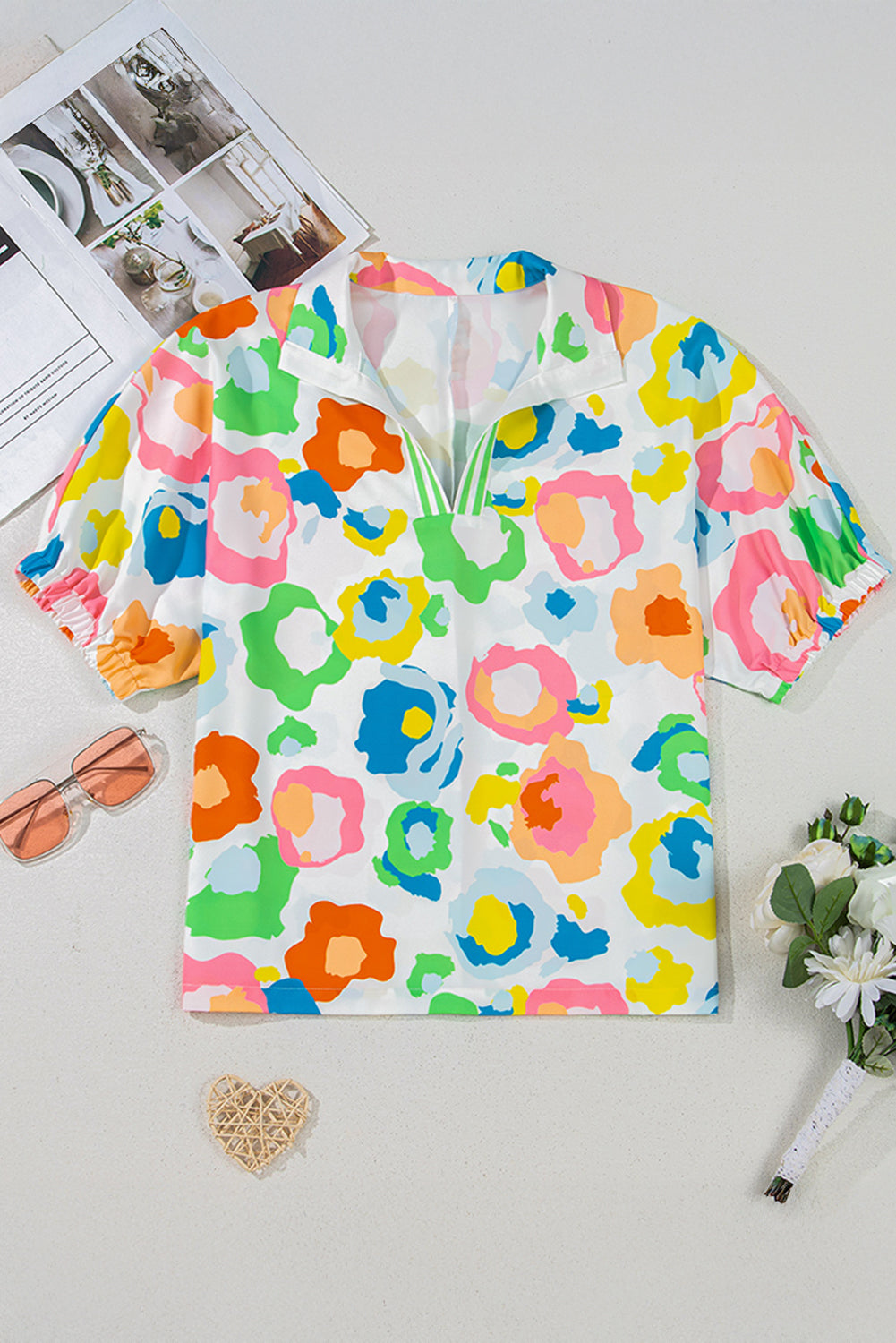 Green Chic Leopard Print Striped Detail Split Neck Blouse