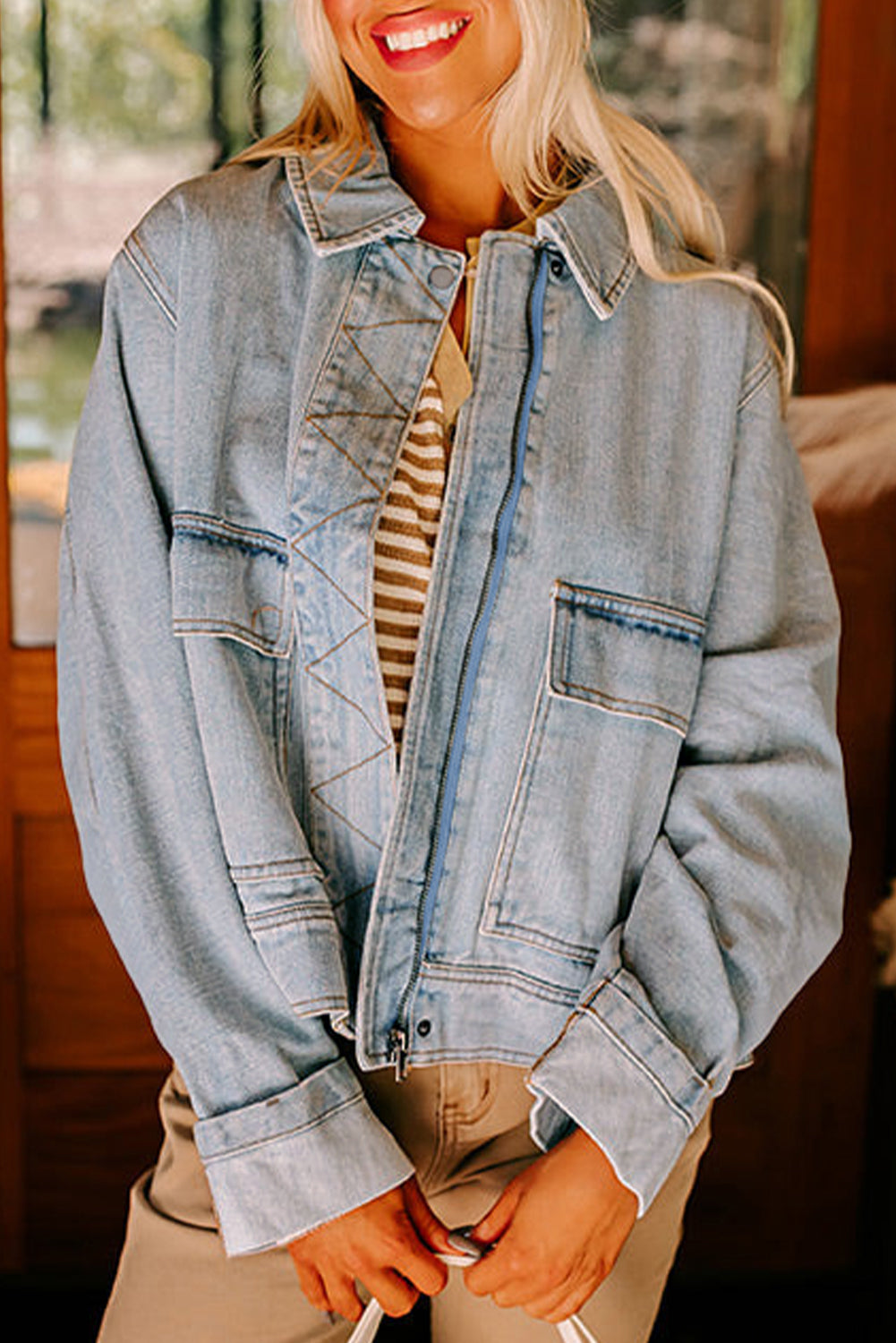 Beau Blue Street Style Zip Up Washed Denim Jacket