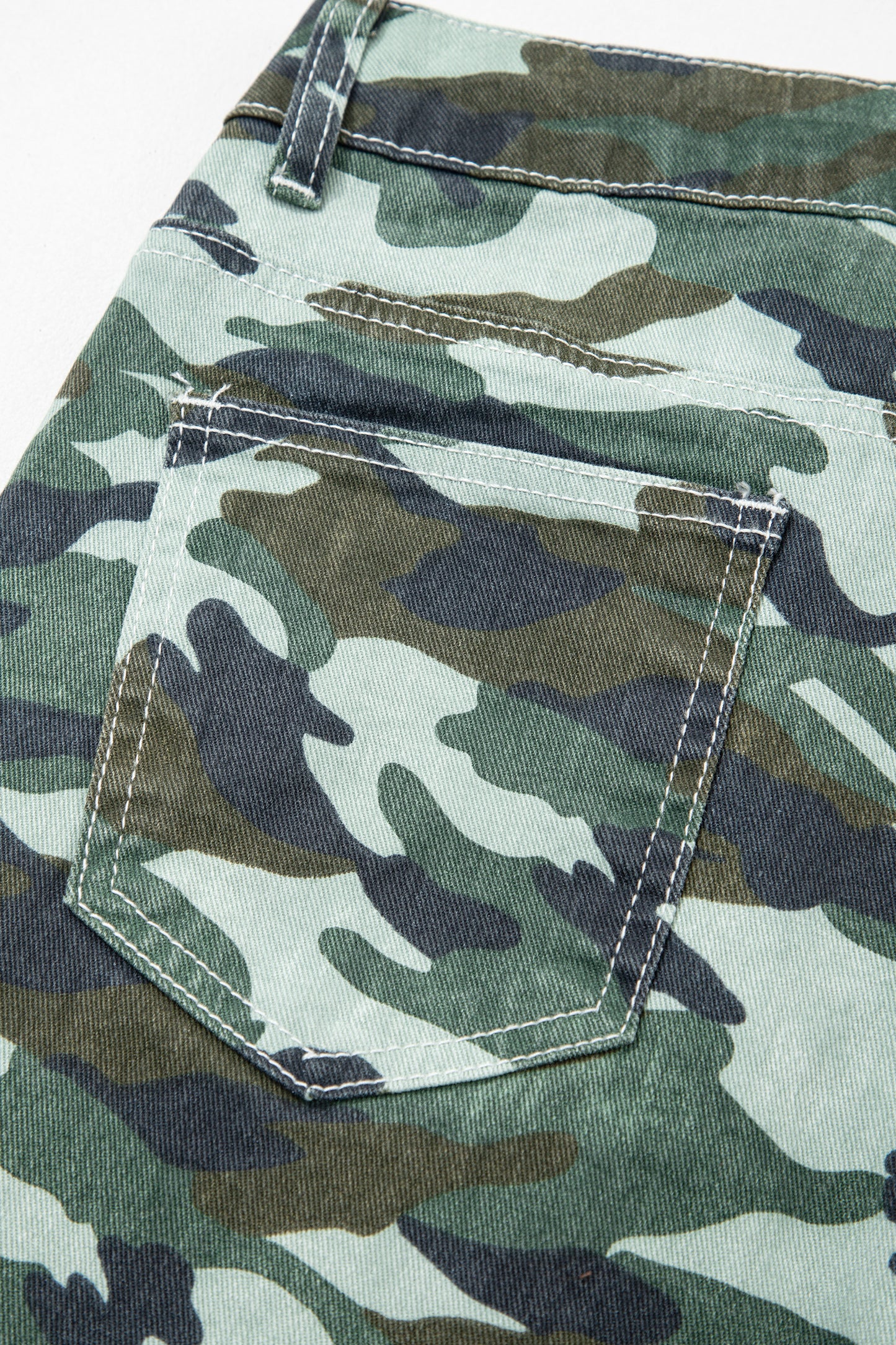 Green Camouflage Print Wide Leg Drawstring Denim Pants