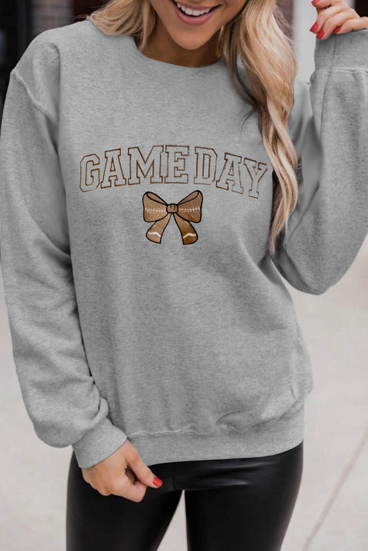 Gray GAME DAY Rugby Bow Embroidered Casual Sweatshirt