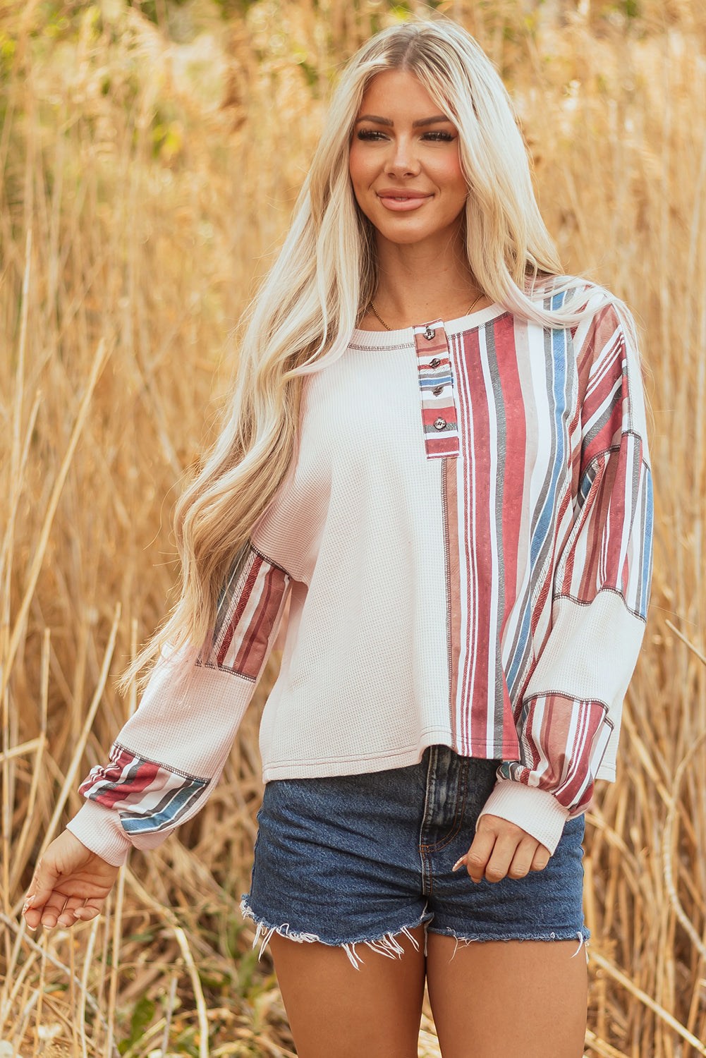 Beige Striped Waffle Patchwork Exposed Seam Raw Edge Casual Knit Top