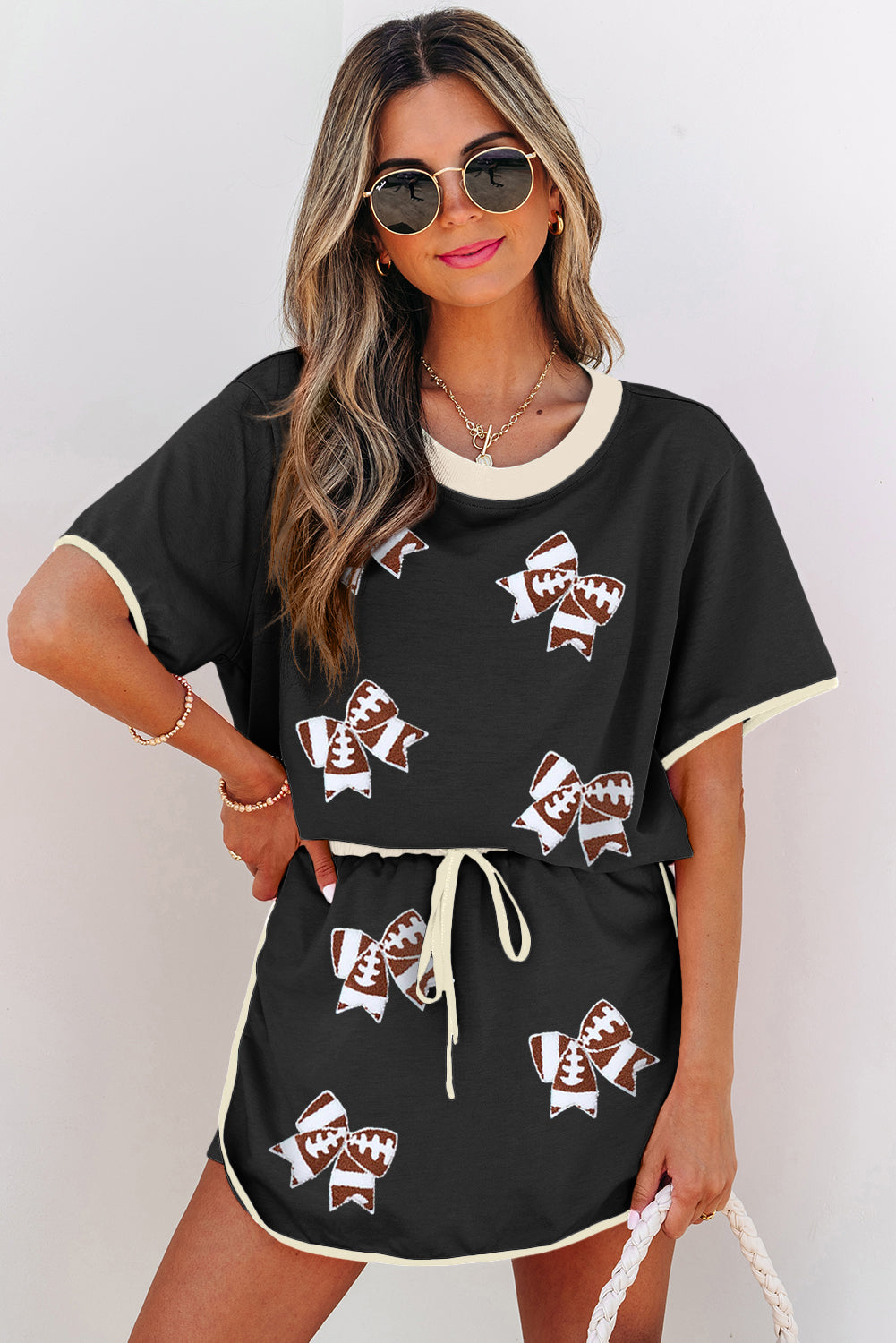 Black Sequin Rugby Football Bow Patched Colorblock Edge Tee and Skort Set