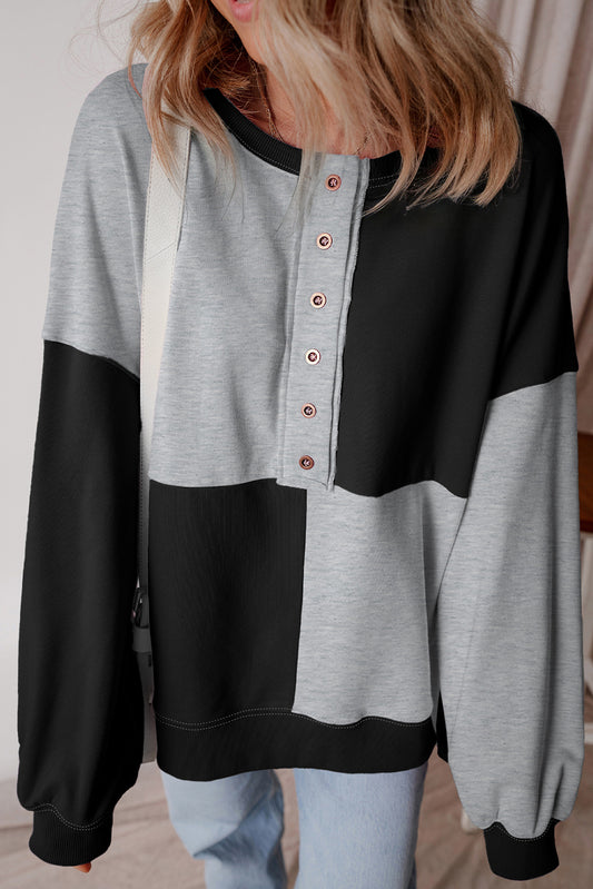 Color black Colorblock Henley High Low Oversize Sweatshirt
