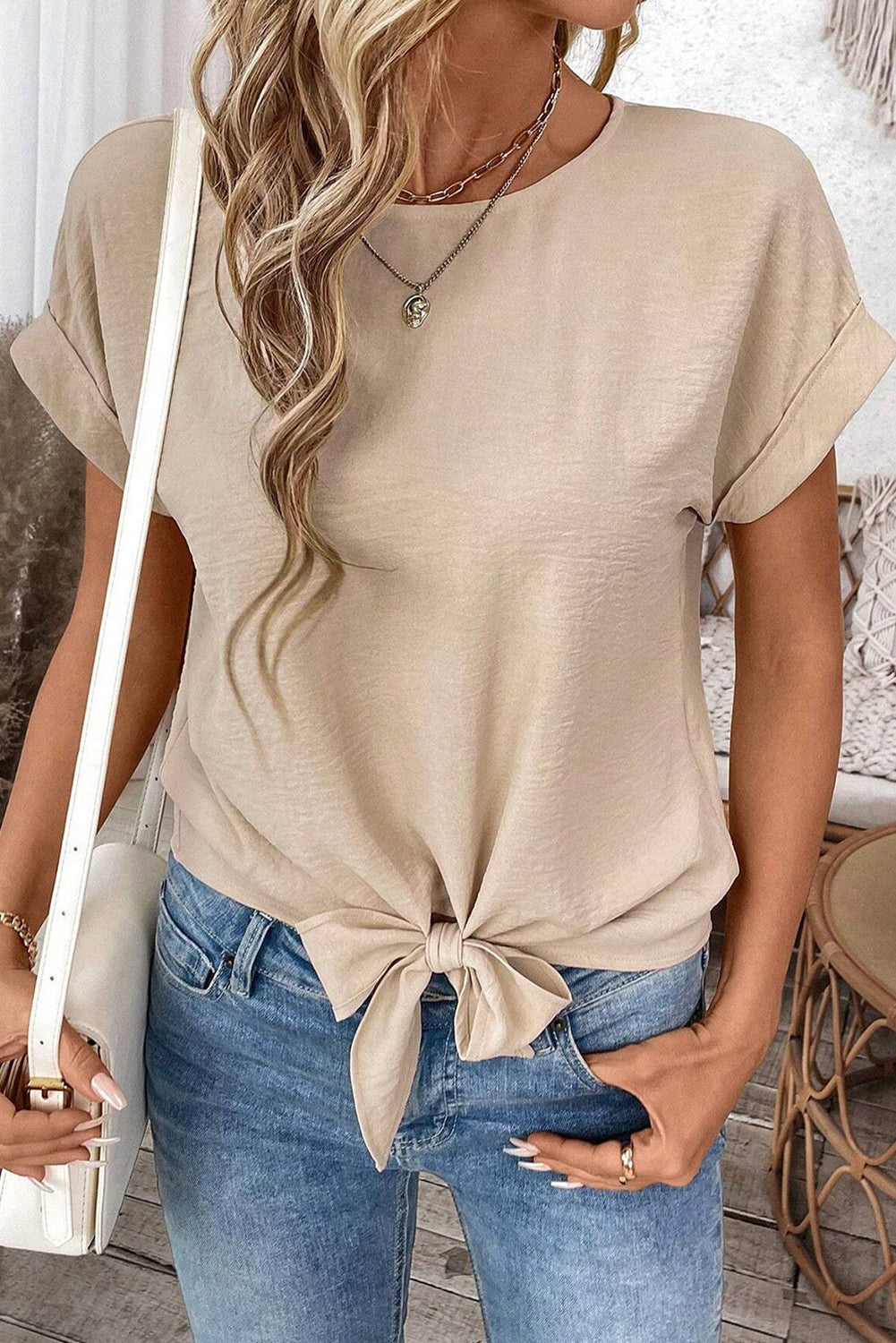 Parchment Solid Color Knotted Hem Short Sleeve Blouse