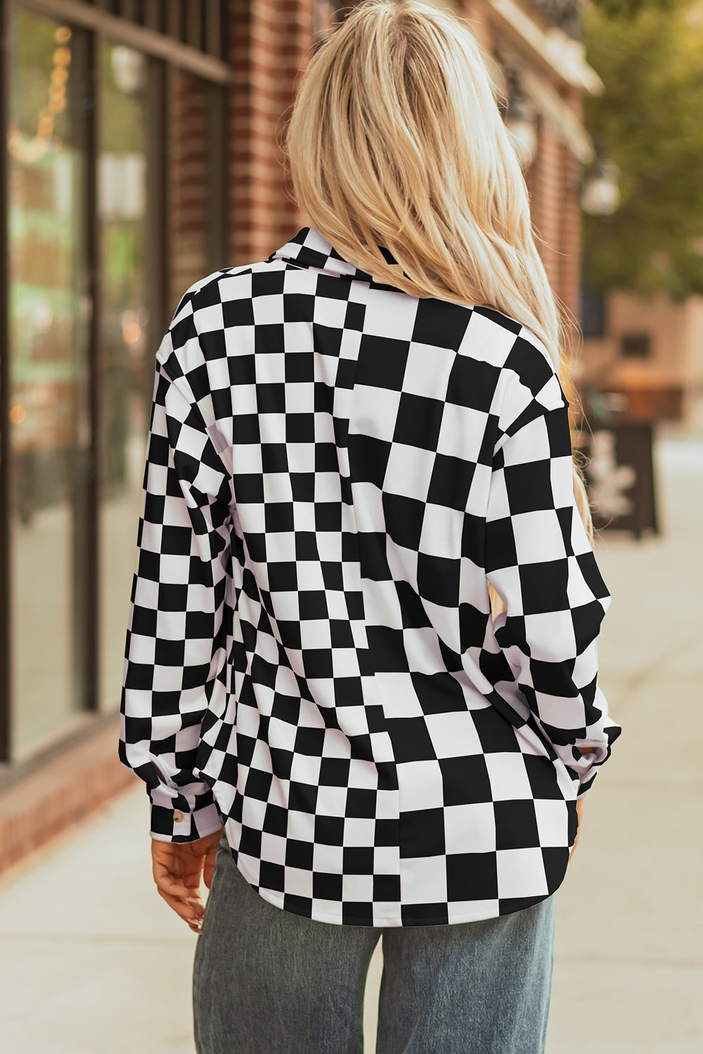 Black Checkerboard Flap Pocket Button Front Shacket