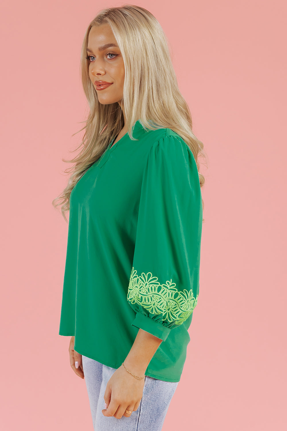 Green Contrast Floral Embroidered 3/4 Sleeve Notched V Neck Elegant Blouse