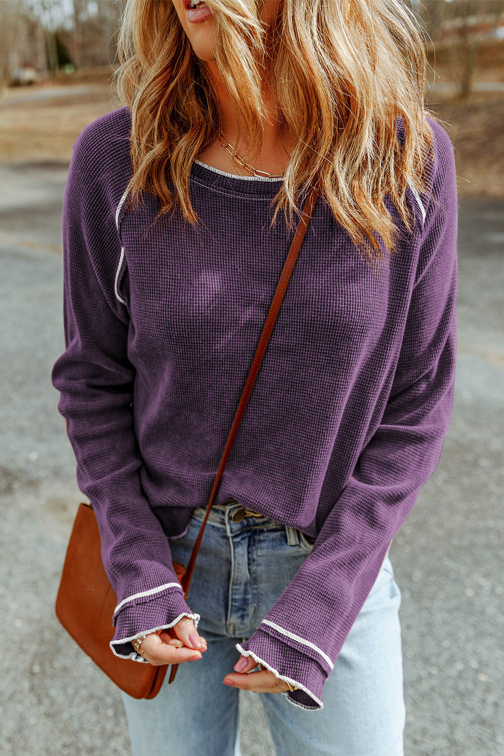 Tillandsia Purple Textured Round Neck Long Sleeve Top