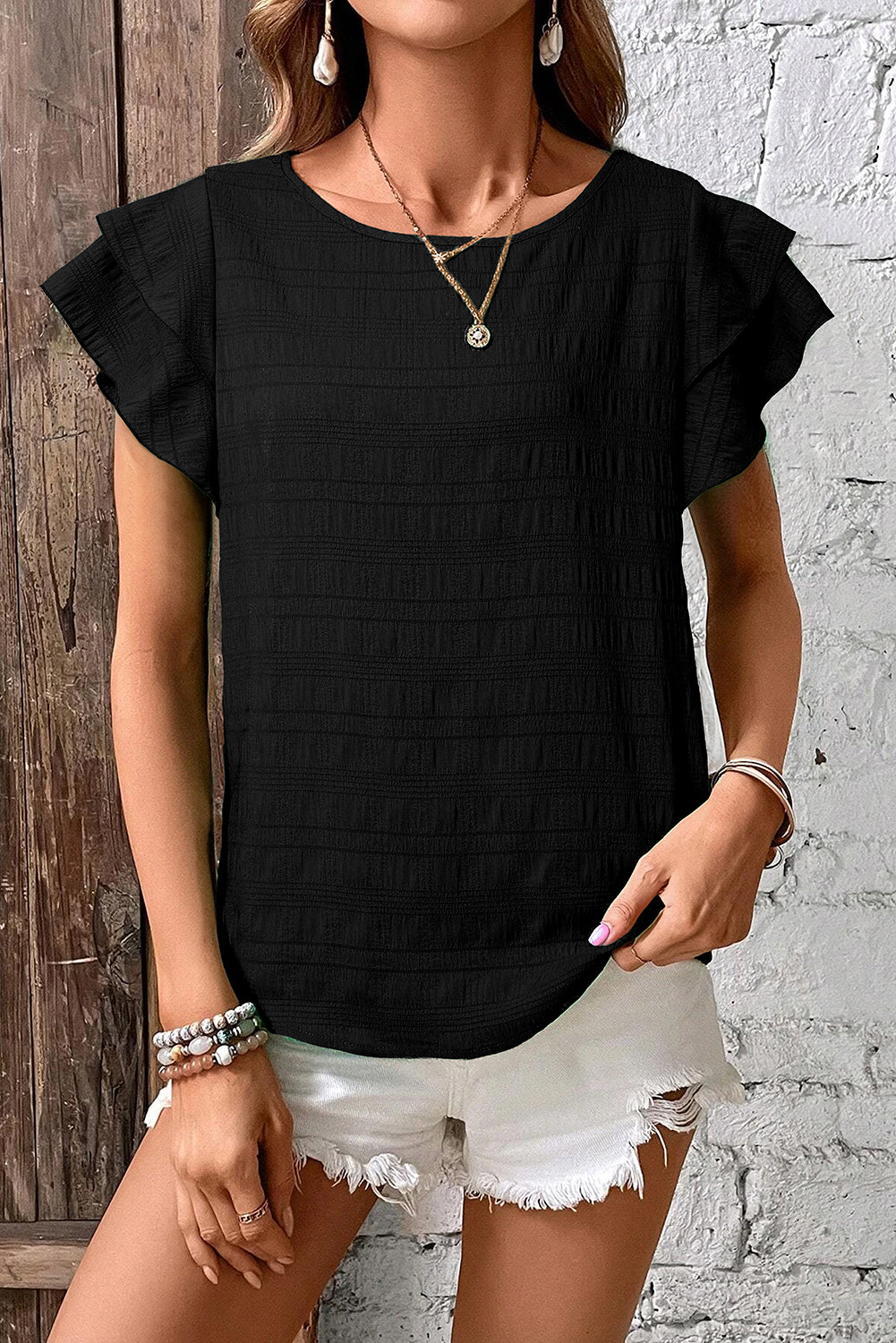 Black Textured Ruffled Sleeve Round Neck Top