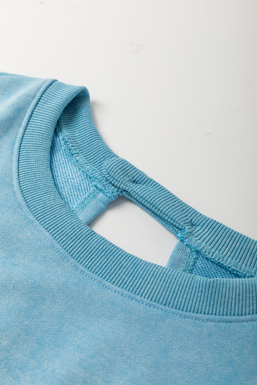 Mist Blue Mineral Wash Drawstring Elastic Waistband Hollow Out Back Short Sleeve Romper