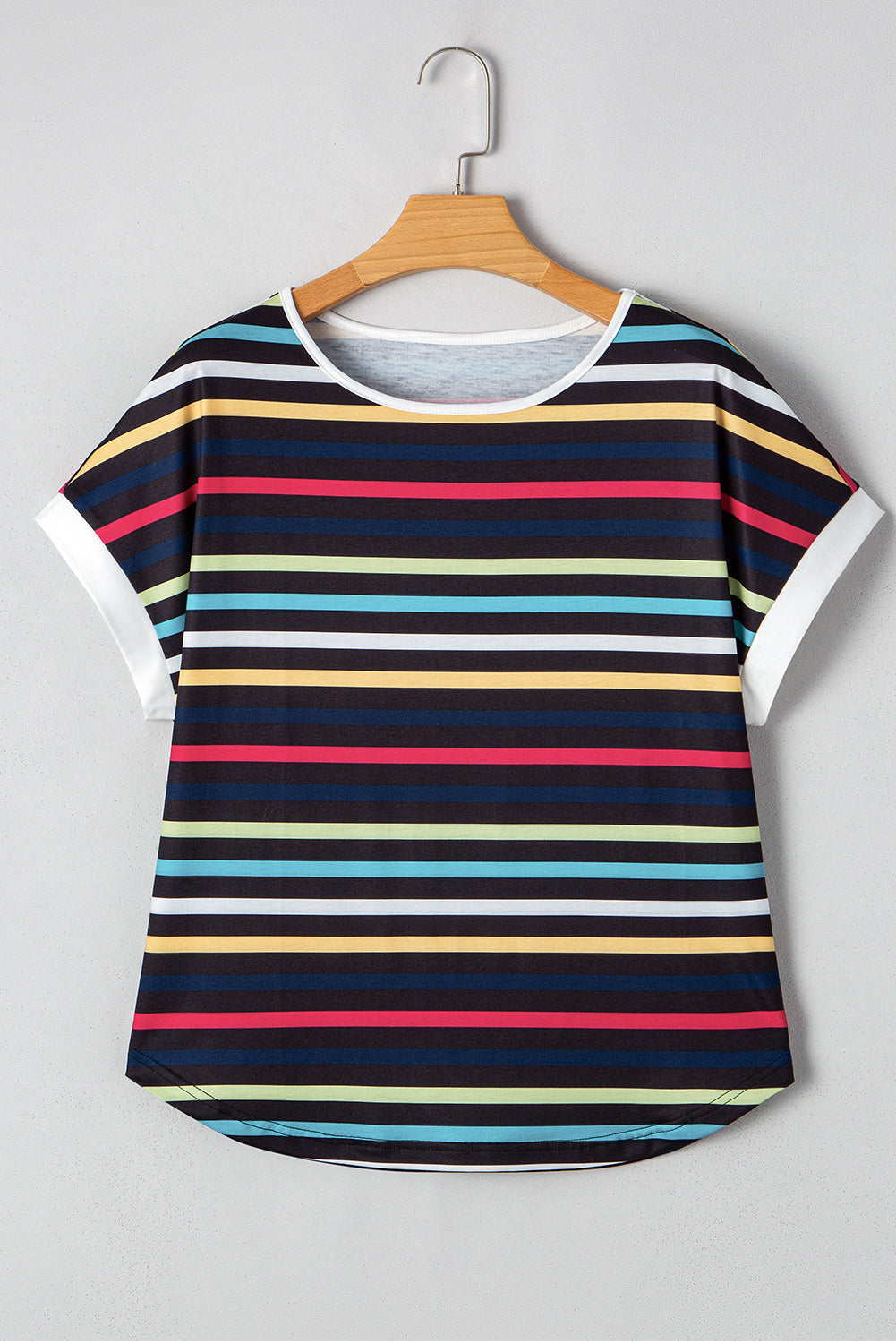 Black Stripe Multicolor Contrast Edge Crew Neck T Shirt