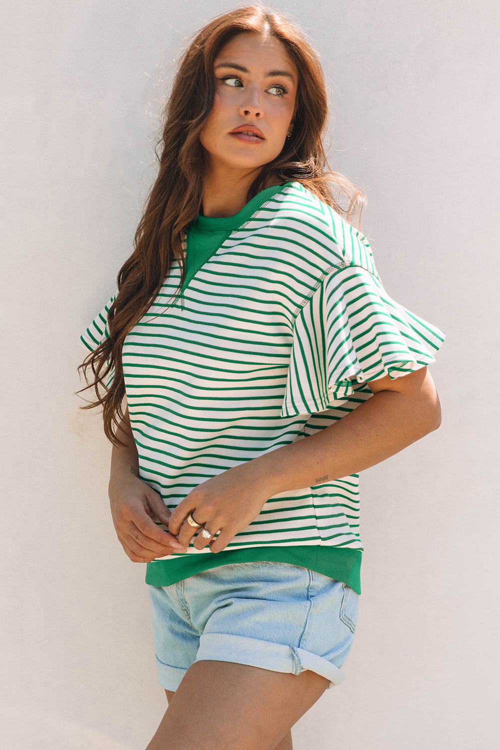 Bright Green Contrast Detail Striped Ruffle Short Sleeve Top