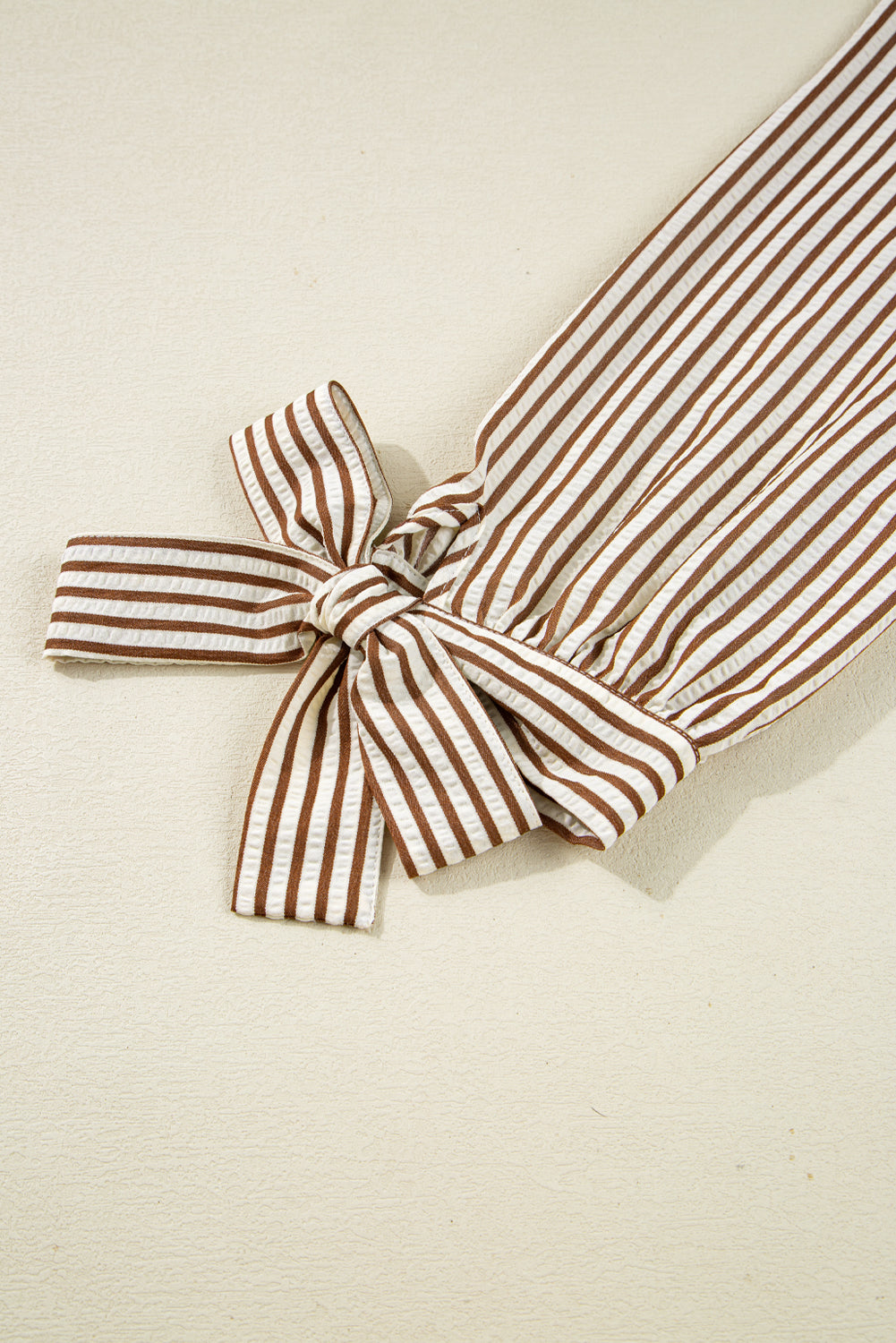 Straw Yellow Striped Print Tied Cuffs Split Neck Seersucker Blouse