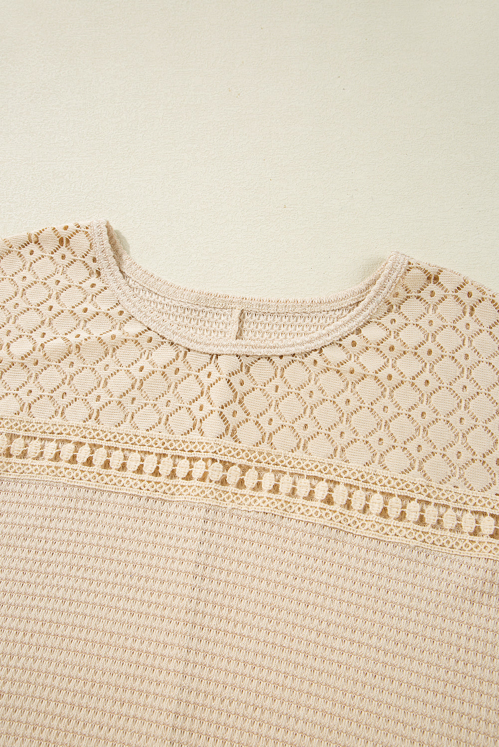 Oatmeal Lace Patchwork Waffle Short Sleeve Plus Size Top