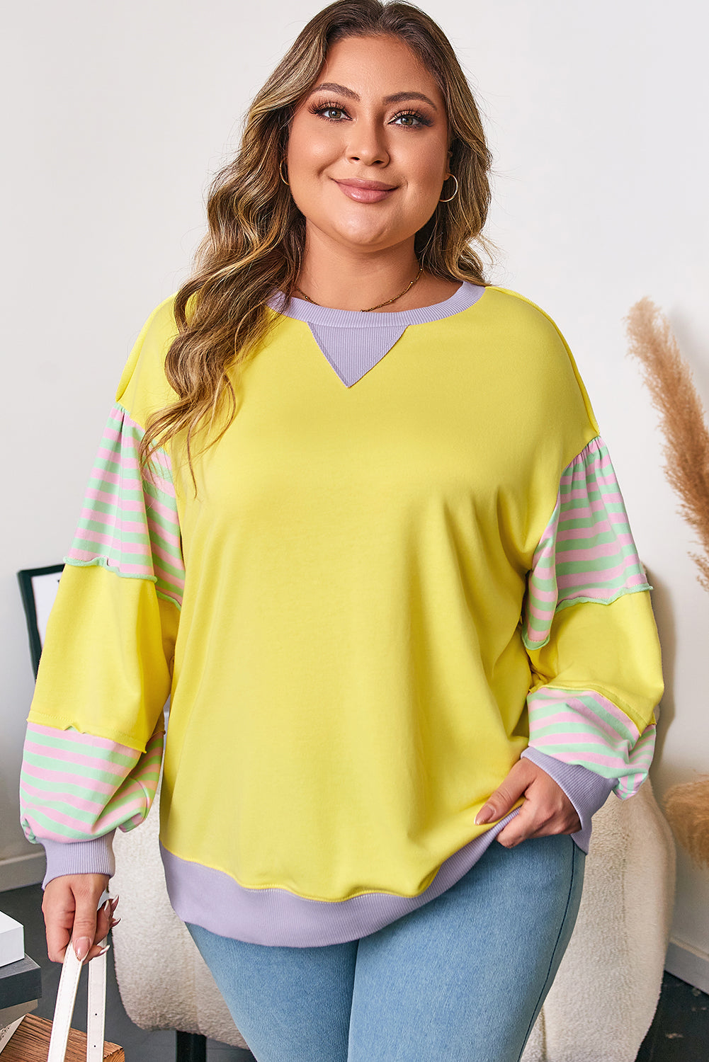 Yellow Striped Color Block Patchwork Crewneck Plus Size Pullover Sweatshirt