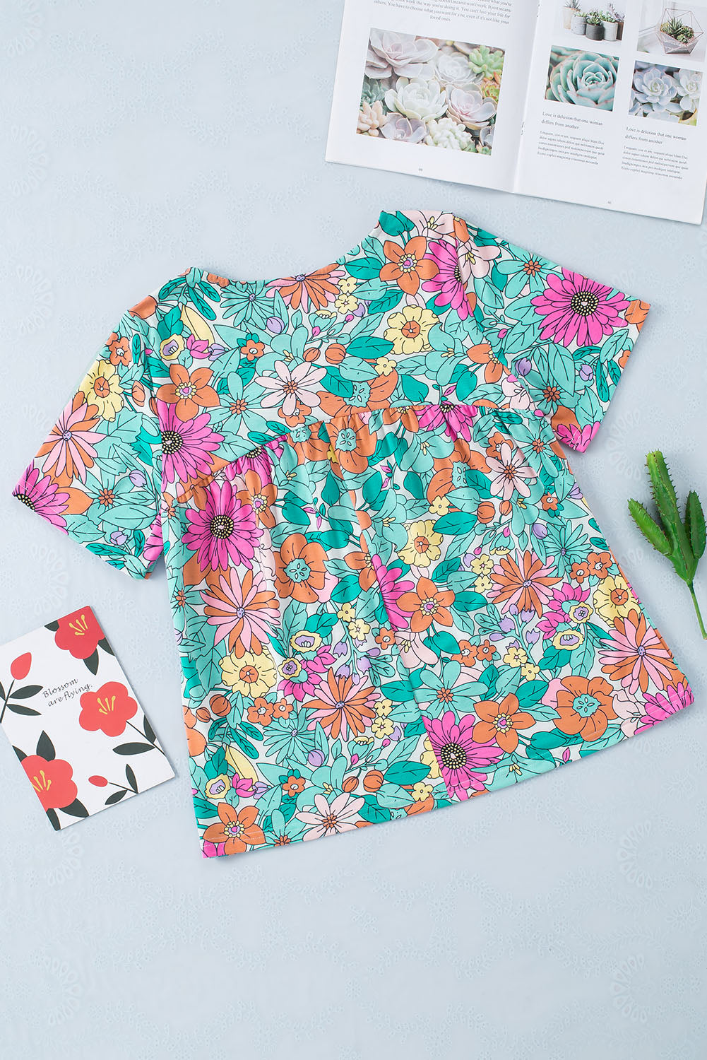 Multicolor Floral Print Short Sleeve Babydoll Blouse