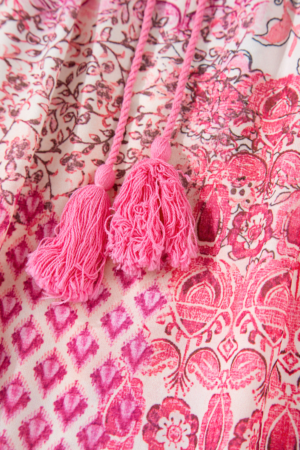 Red Boho Pattern Print Tassel Drawstring Elastic Waistband Maxi Skirt