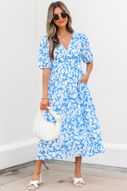 Sky Blue Floral V Neck Puff Short Sleeve Flowy Long Dress