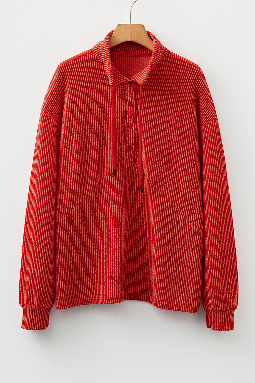 Racing Red Twist Ribbed Half Button Collared Drawstring Pullover Top