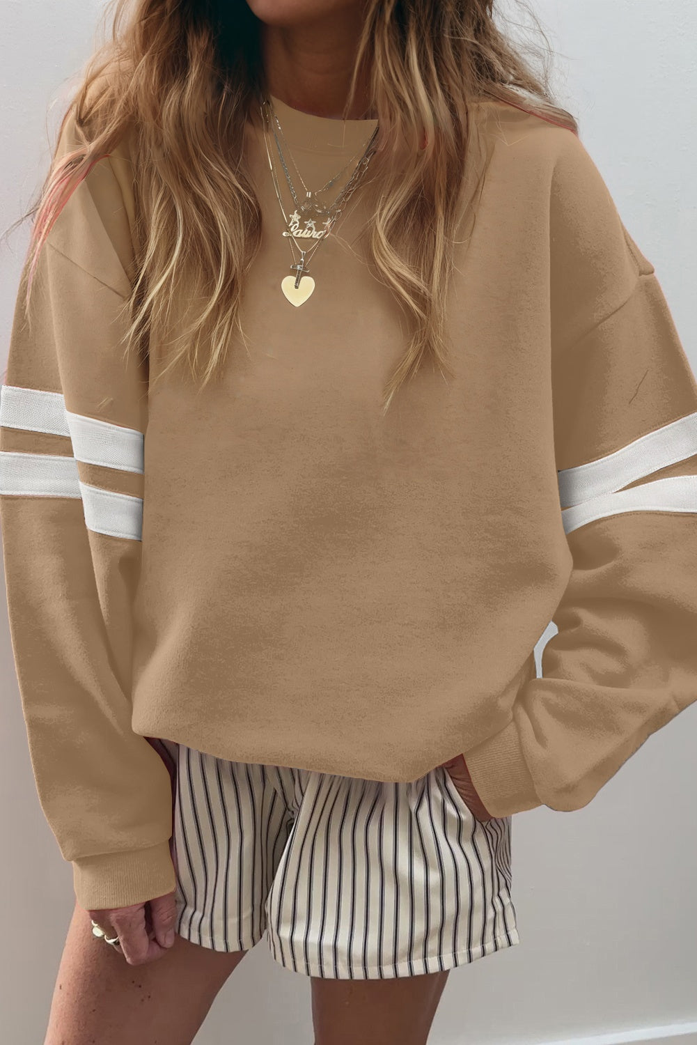Light French Beige Varsity Striped Detail Drop Shoulder Oversized Sweatshirt