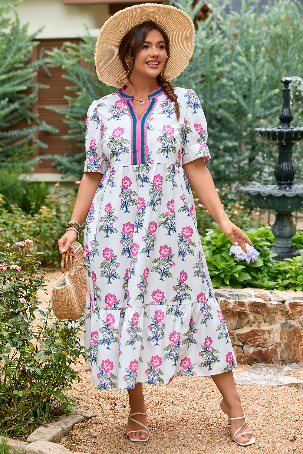 White Allover Print Contrast Split Neckline Short Puff Sleeve Curvy Dress