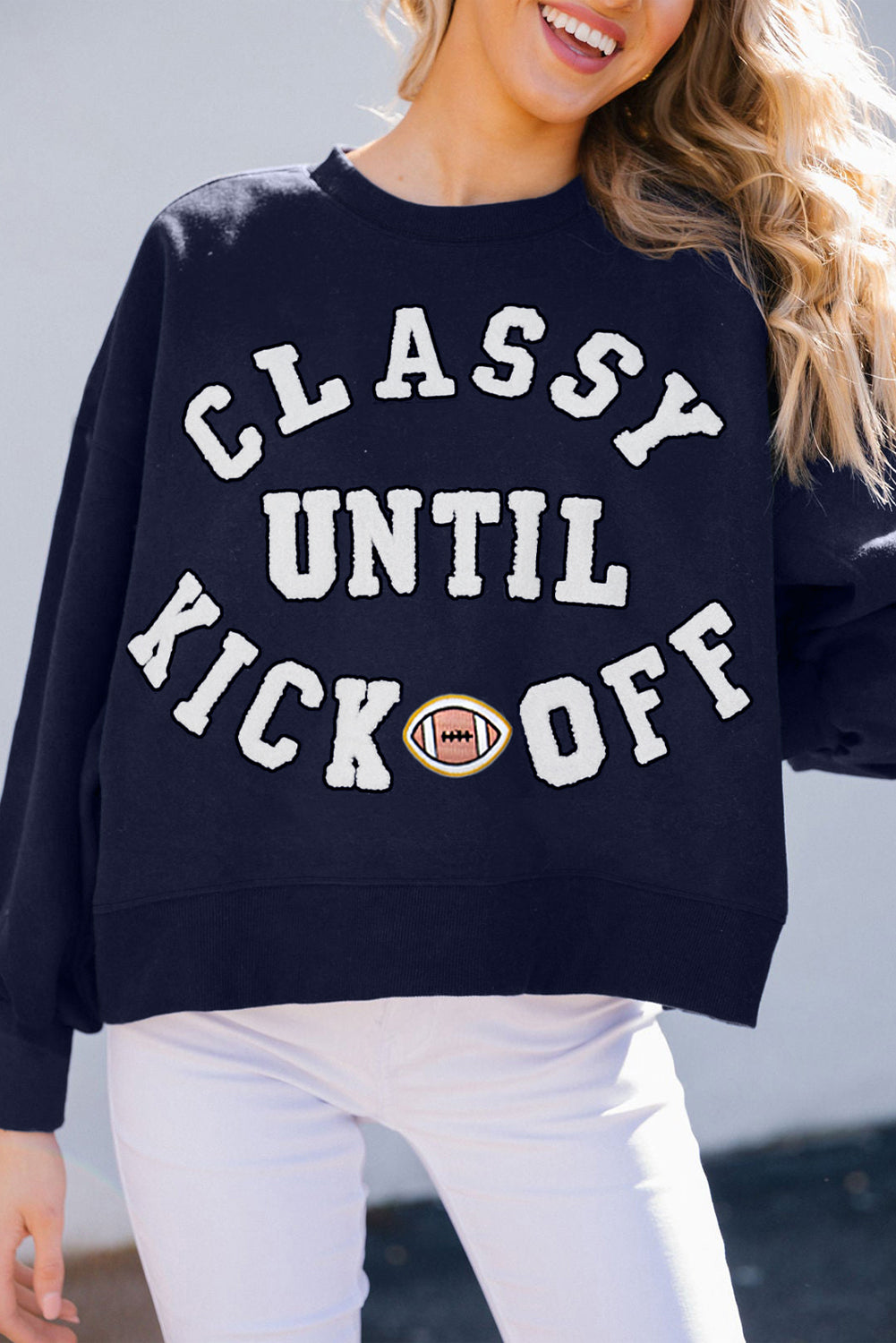 Navy Blue CLASSY UNTIL KICKOFF Plush Letter Patched Loose Sweatshirt