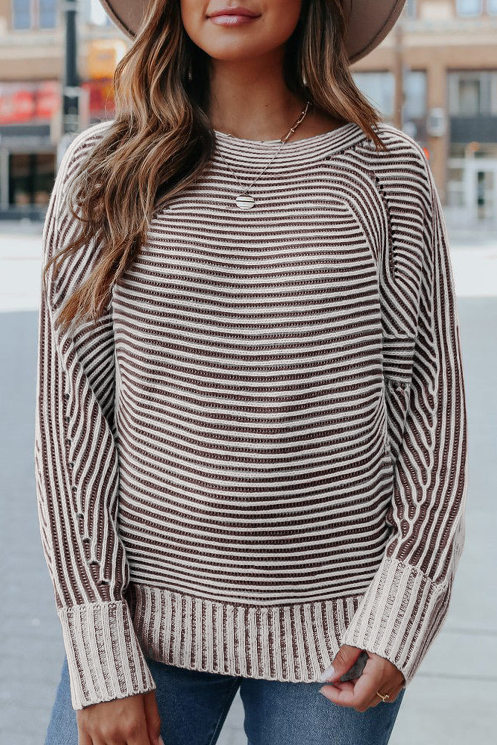 Coffee Striped Print Ribbed Knit Boat Neck Baggy Sweater