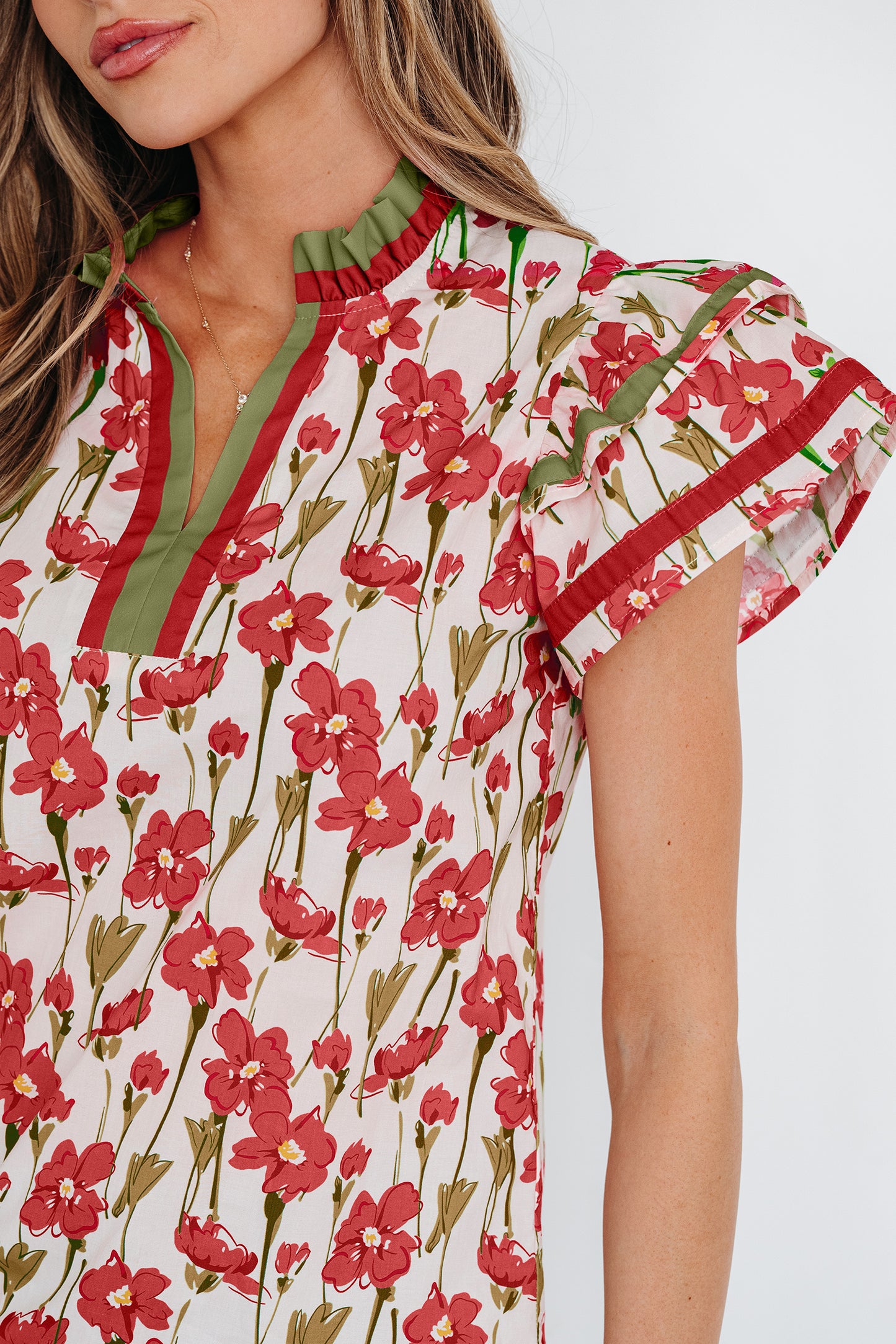 Red Floral Print Contrast Trim V Neck Double Ruffled Short Sleeve Blouse