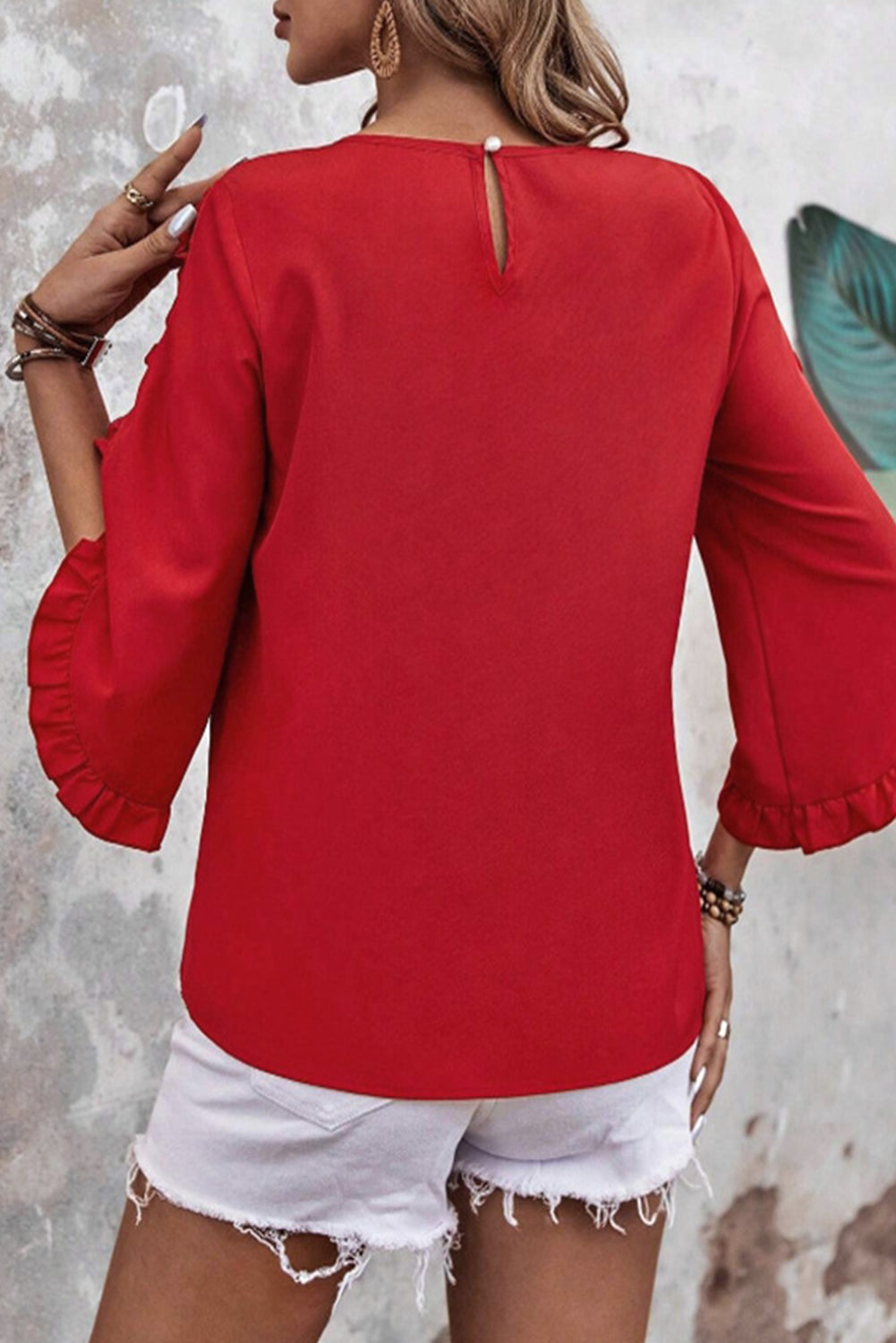 Fiery Red Ruffle Trimmed 3/4 Sleeve Round Neck Blouse