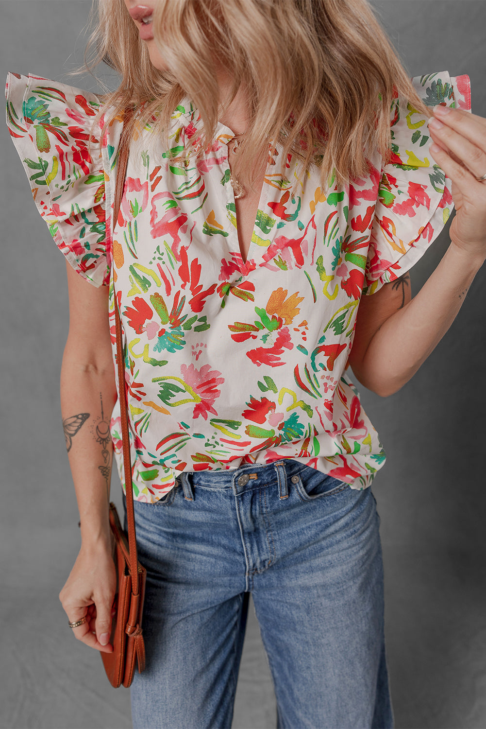 Multicolour Allover Floral Printed Flutter Sleeve Split Neck Blouse