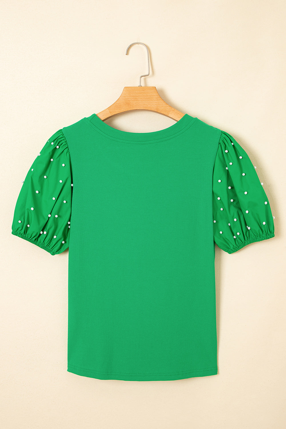 Bright Green Ribbed Pearl Beaded Puff Sleeve Top