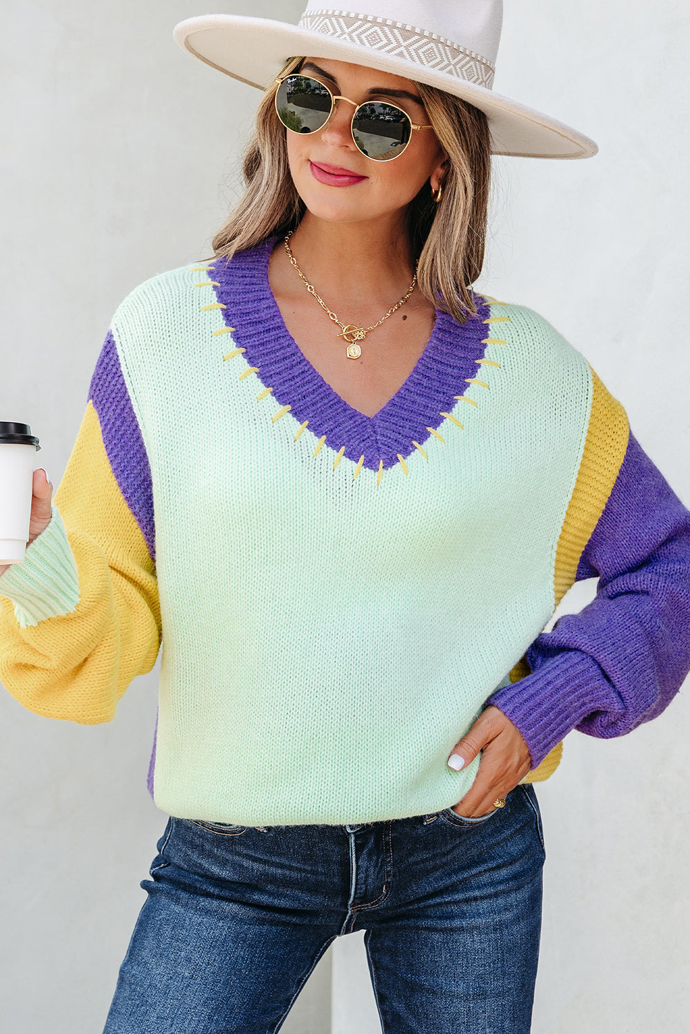Green Stitched V Neck Color Block Knitted Drop Shoulder Sweater