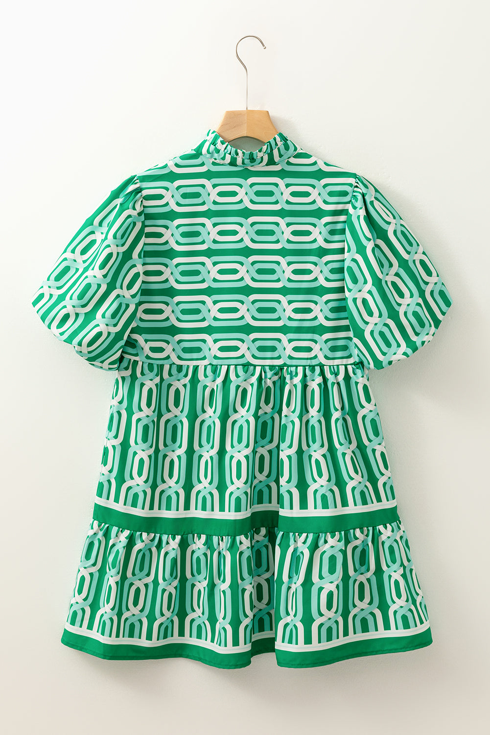 Bright Green Abstract Patterned V Neck Puff Short Sleeve Mini Dress