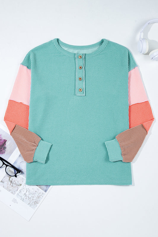Multicolour Twisted Ribbed Knit Colorblock Henley Top