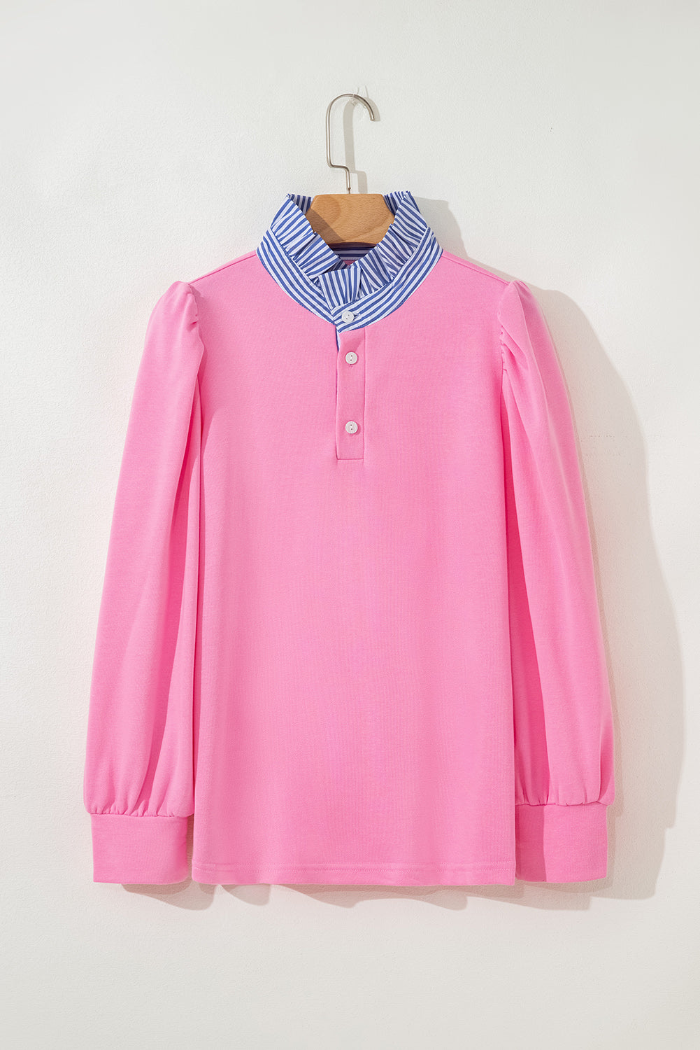 Bonbon Button Striped Collar Patchwork Puff Sleeve Sweatshirt