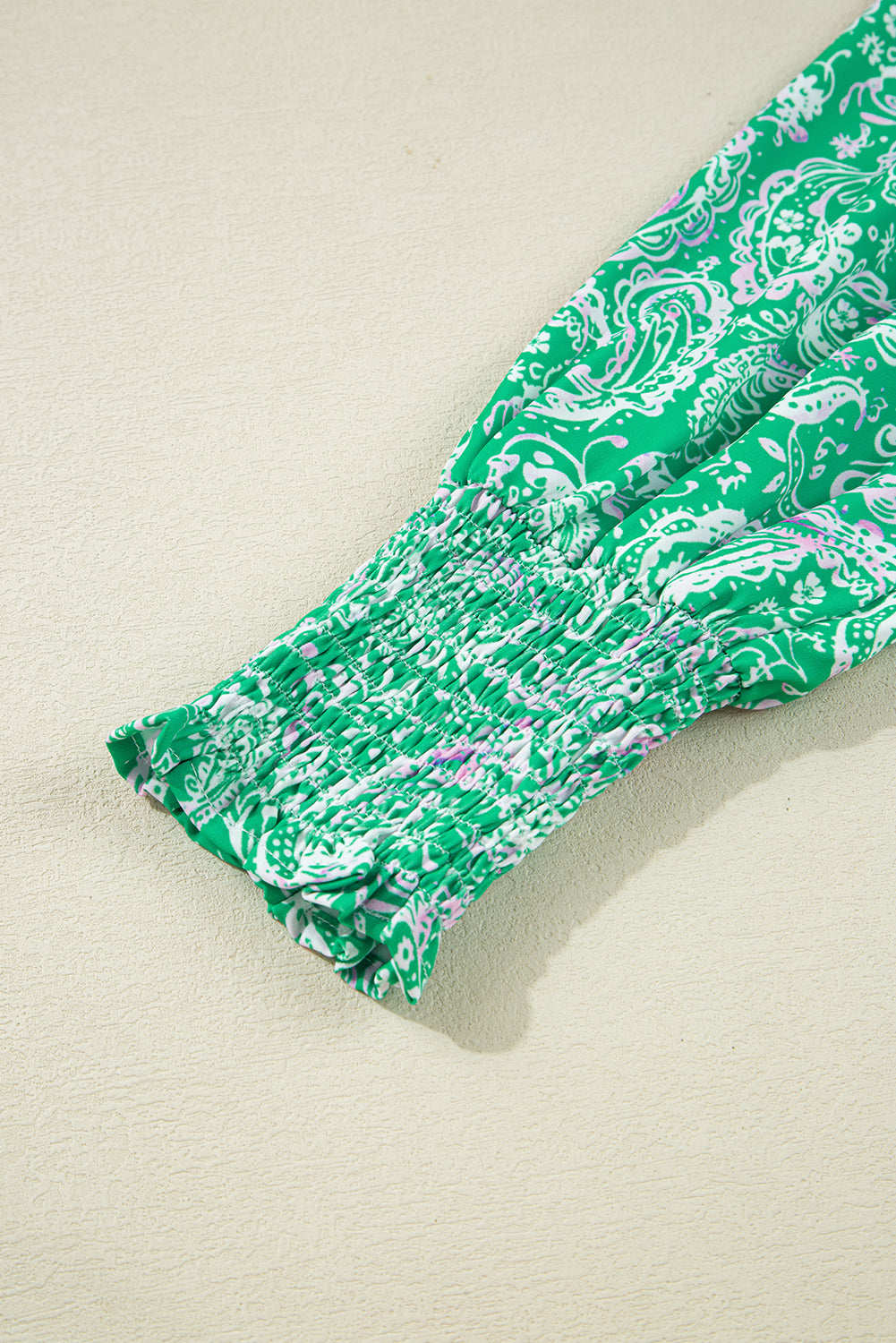 Green Paisley Print Long Sleeve Button Front Tied Waist Mini Dress