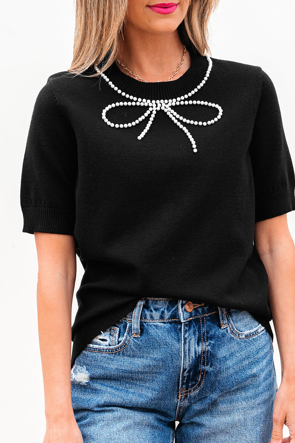 Black Pearl Bow Necklace Embellished Short Sleeve Knitted T Shirt