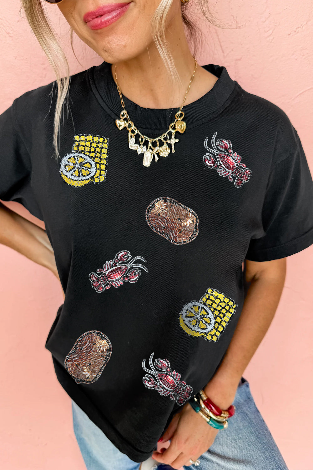 Black Sequin Crawfish Potato Lemon Corn Graphic Crewneck T Shirt